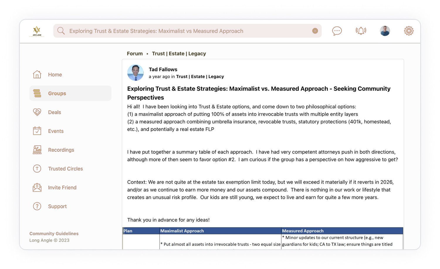 Sample online community discussion: 'Exploring Trust & Estate Strategies: Maximalist vs. Measured Approach - Seeking Community Perspectives'.