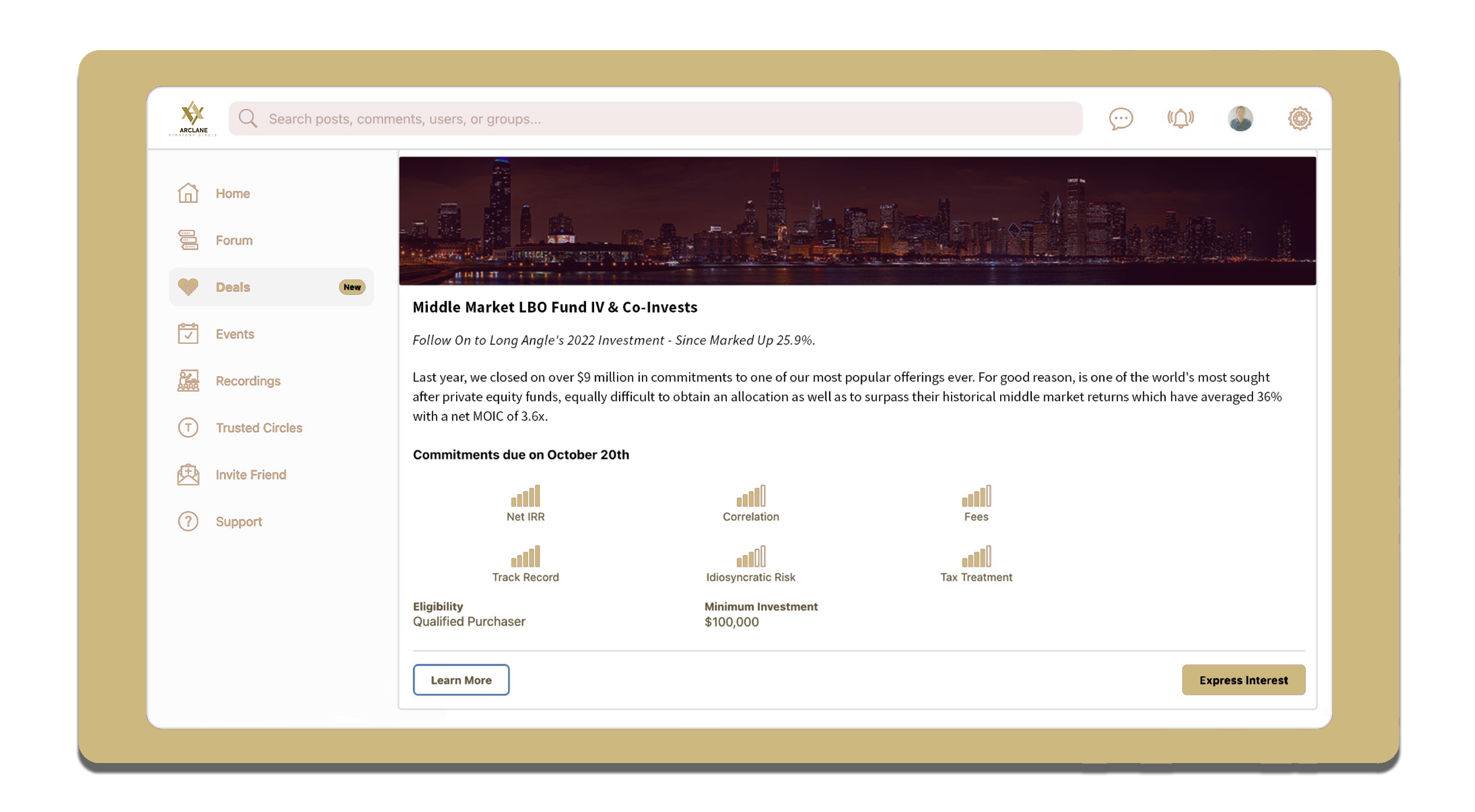 Screenshot of the Arclane Strategy Circle online platform, featuring a deal titled 'Middle Market LBO Fund IV & Co-Invests' with evaluation criteria including Net IRR, Correlation, Fees, Track Record, Idiosyncratic Risk, Tax Treatment, Eligibility.