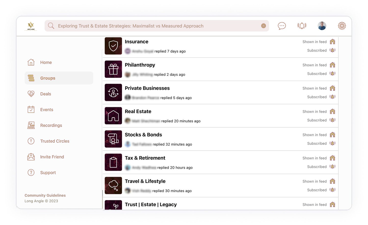 Graphic showing the 'Tailored Groups for Global Connections and Topics' section featuring topics like Insurance, Philanthropy, Private Businesses, Real Estate, Stocks & Bonds, Tax & Retirement, Travel & Lifestyle, and Trust | Estate | Legacy.
