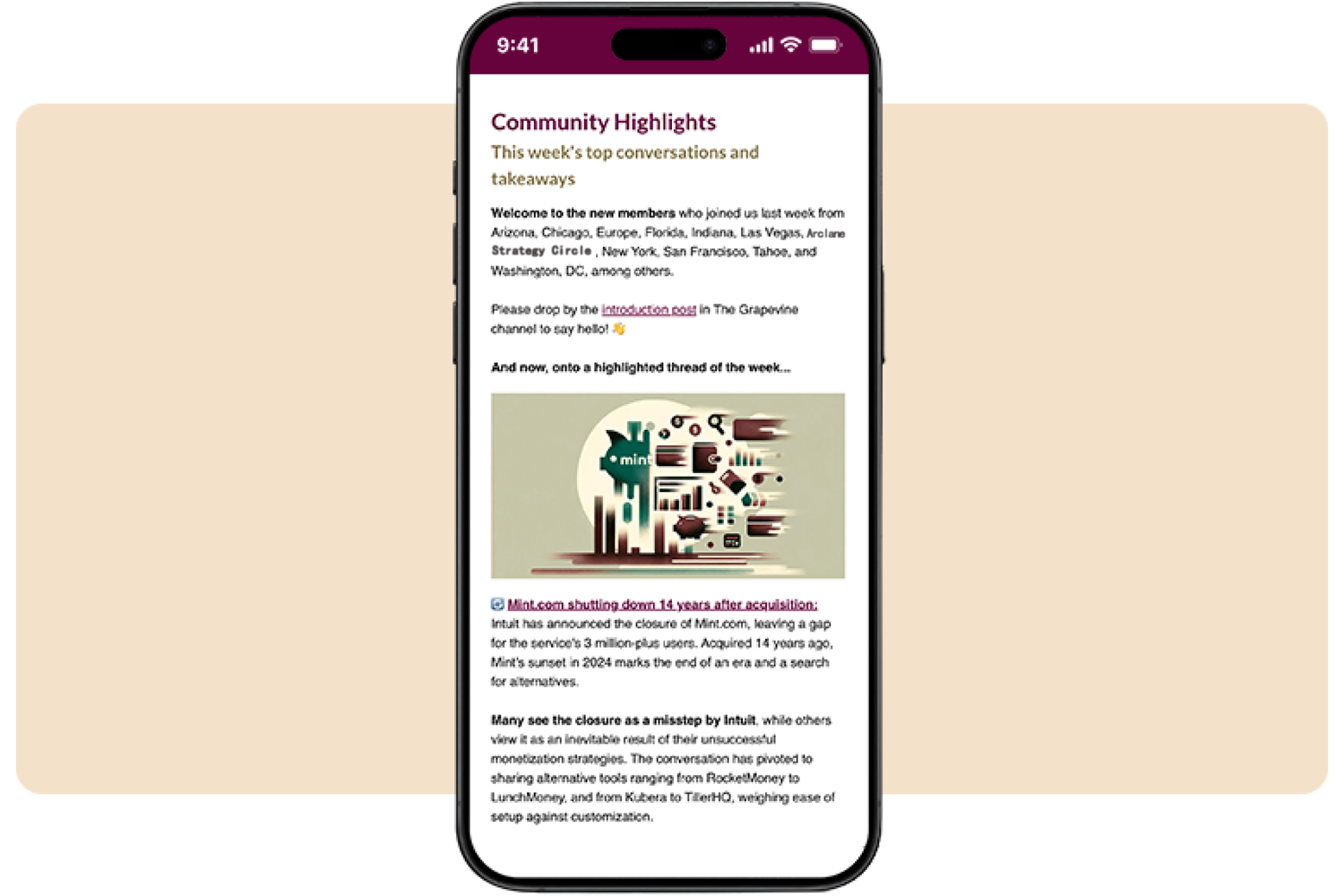 Mobile phone displaying a screenshot of the Arclane Strategy Circle member-only newsletter, featuring the 'Community Highlights' section with a summarized conversation from the week.